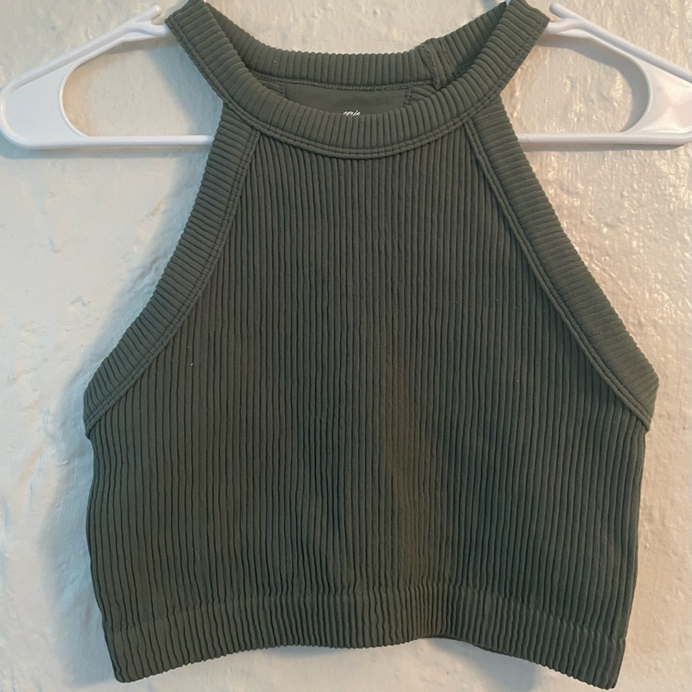 Aerie Superchill Cropped Ribbed Army Green Seamless High Neck Bra Top; size S